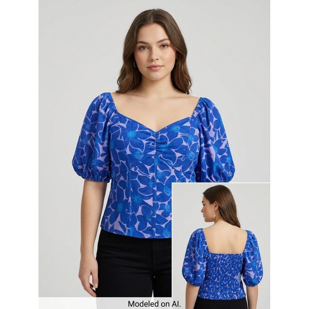 Women's Boho Floral Puff Sleeve Square Neck Smocked Woven Blouse M
